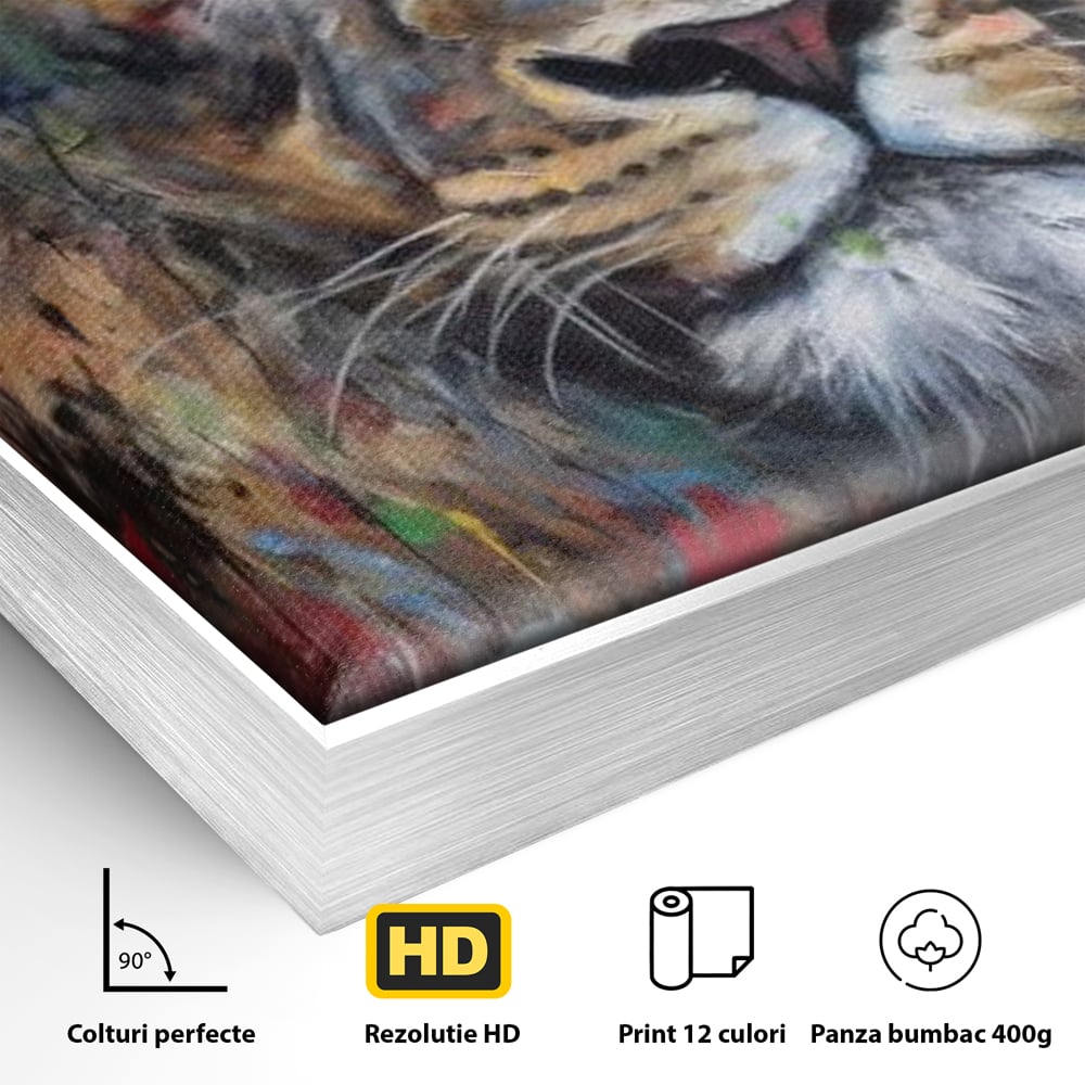 Detaliu al suprafetei: tablou canvas cu leu colorat, in rama de aluminiu argintiu